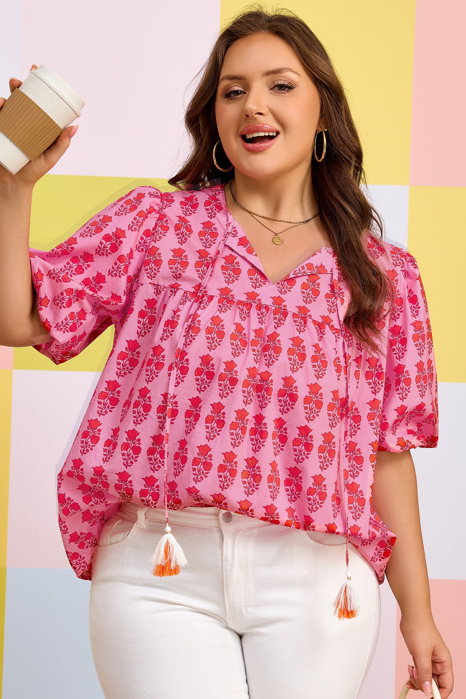 Plus size Pink Floral Print Cotton Blouse with Tassel Tie & Puff Sleeves