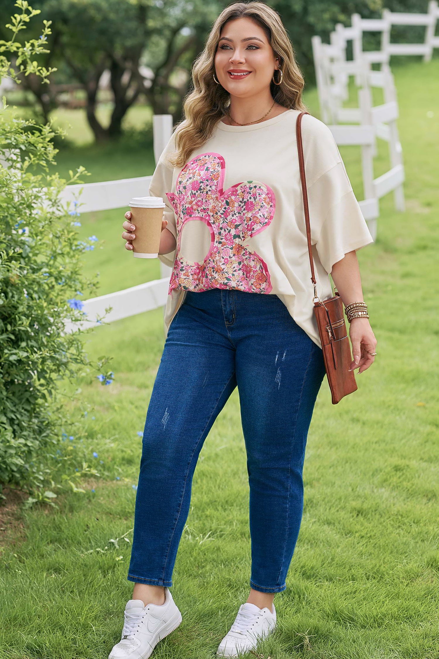 Plus Size Big Flower Patched Tunic Tee