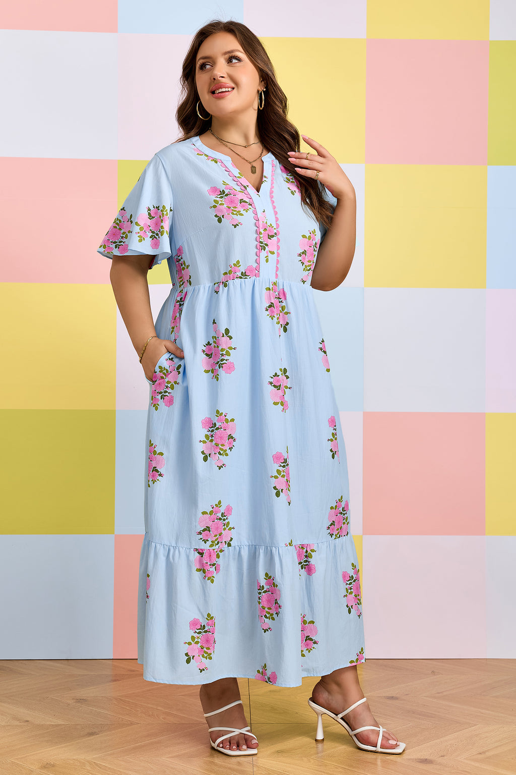 Plus Size Sky Blue Floral Print V-neck Dress With Scalloped Trim