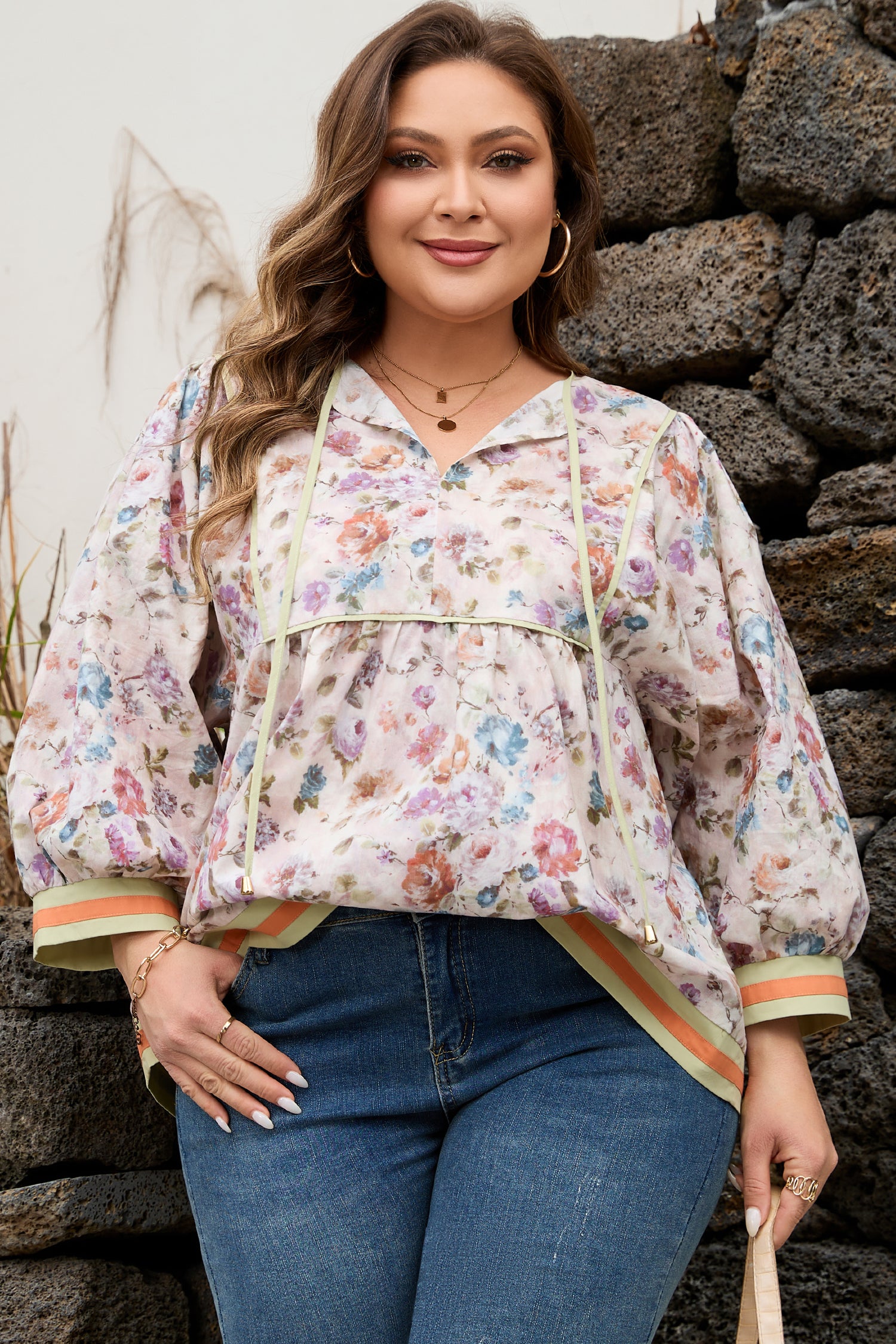 Plus Size Floral Print & Contrast Striped Trim Babydoll Blouse