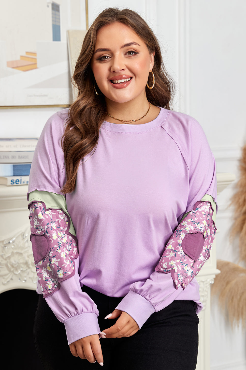Plus Size Purple Flower Patch Colorblock Pullover Top