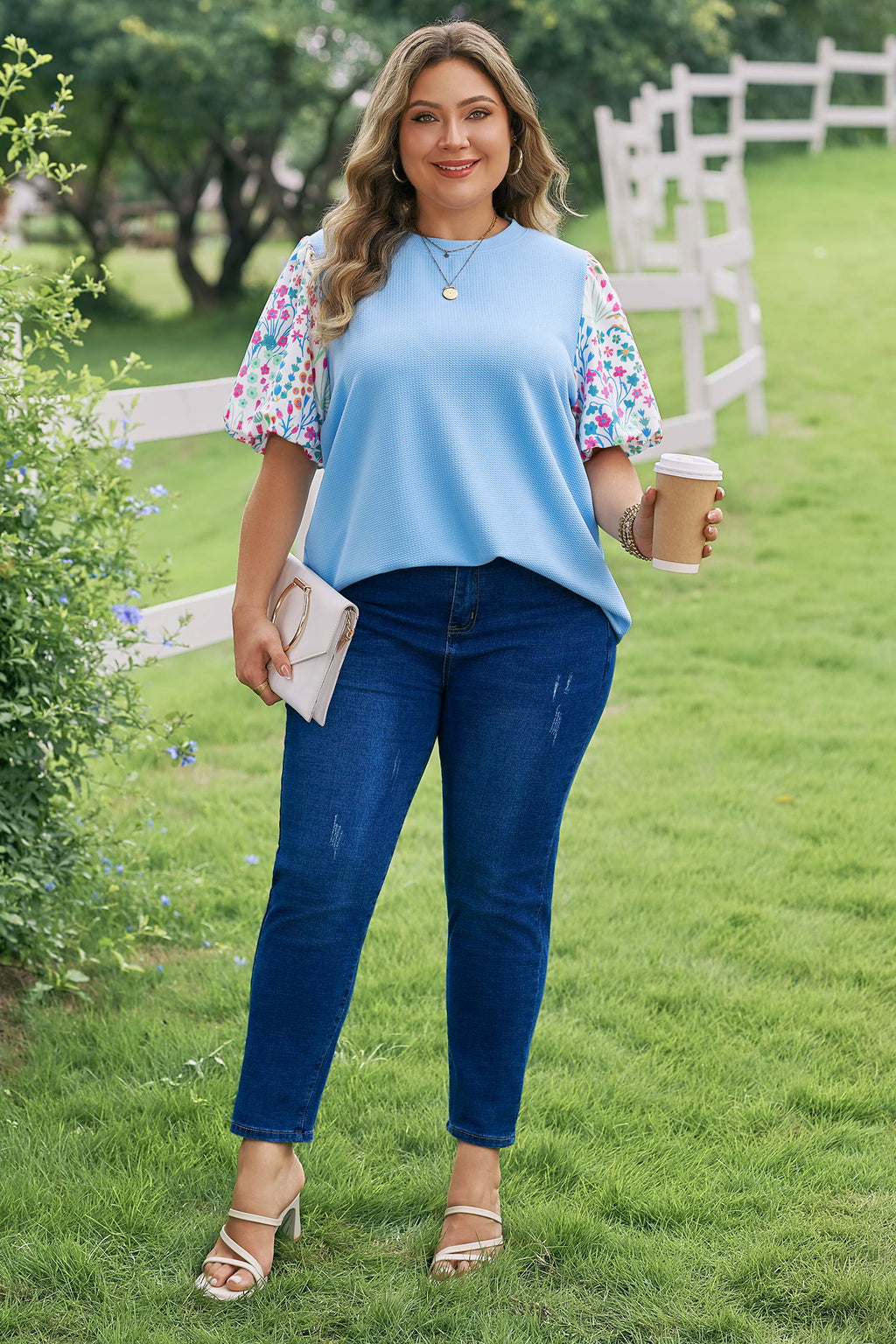 Plus Size Light Blue Textured Bodice Top With Contrast Floral Sleeves