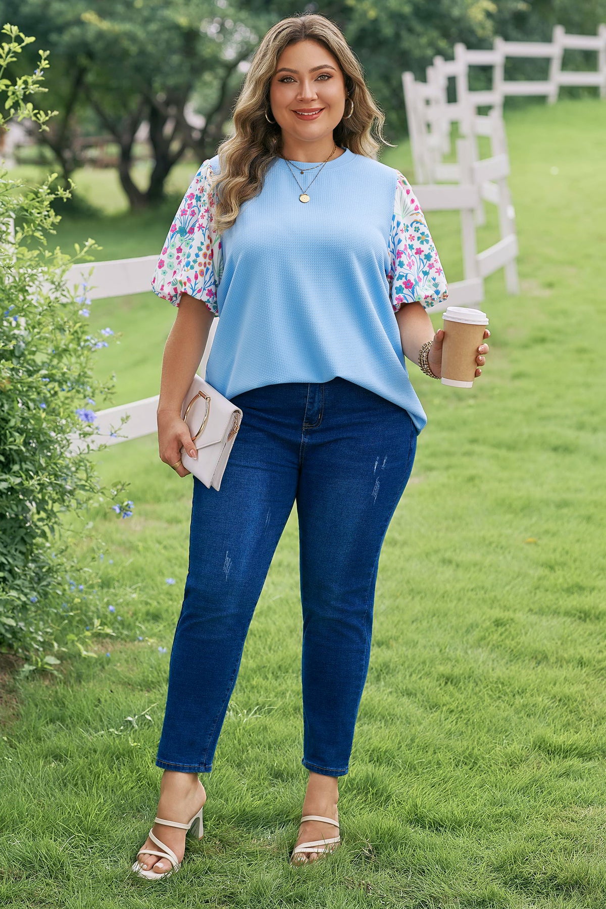 Plus Size Light Blue Textured Bodice Top With Contrast Floral Sleeves