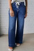 Plus Size Blue Acid Wash Jeans With Drawstring