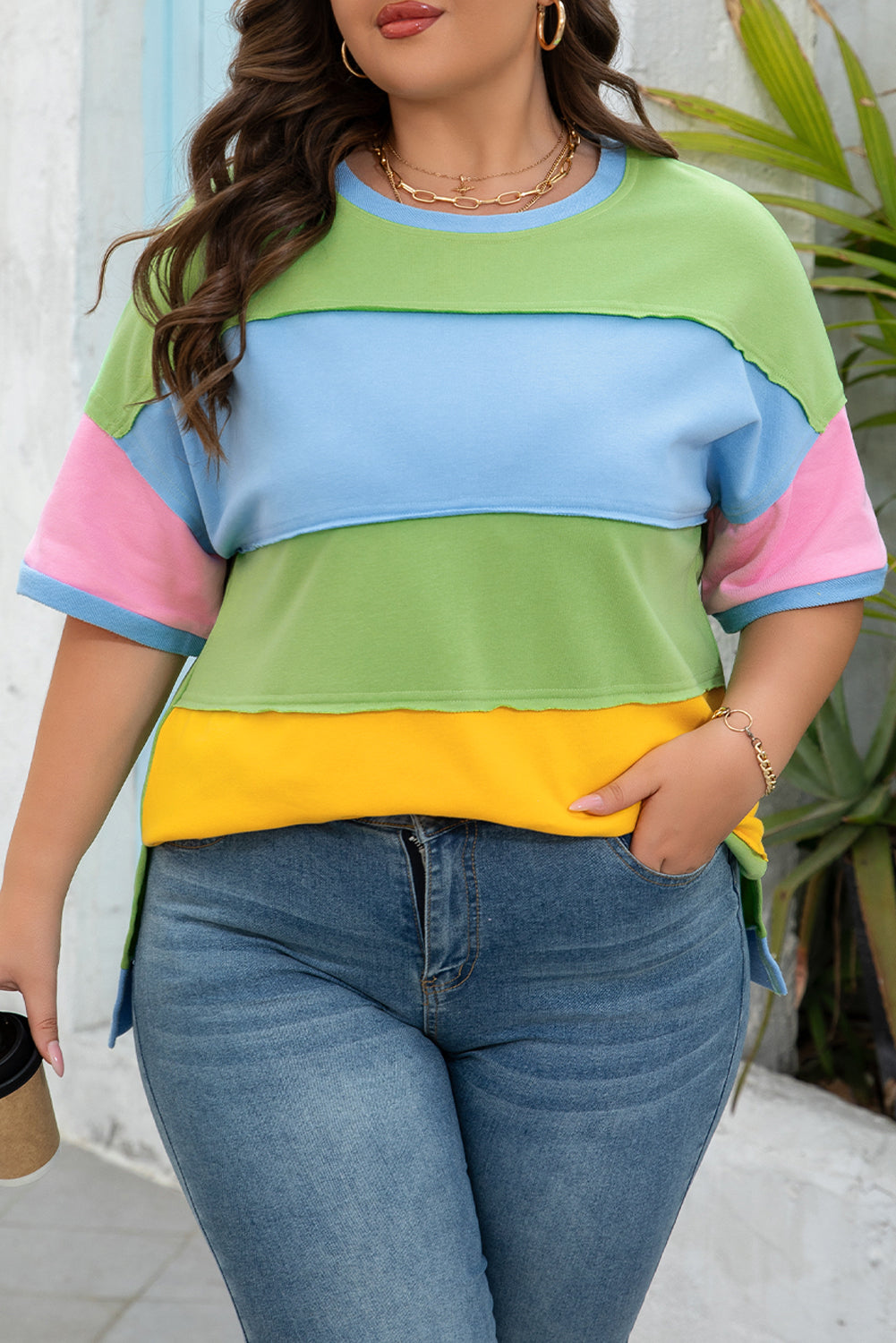 Plus Size Color Block Exposed Seam Patchwork Tee