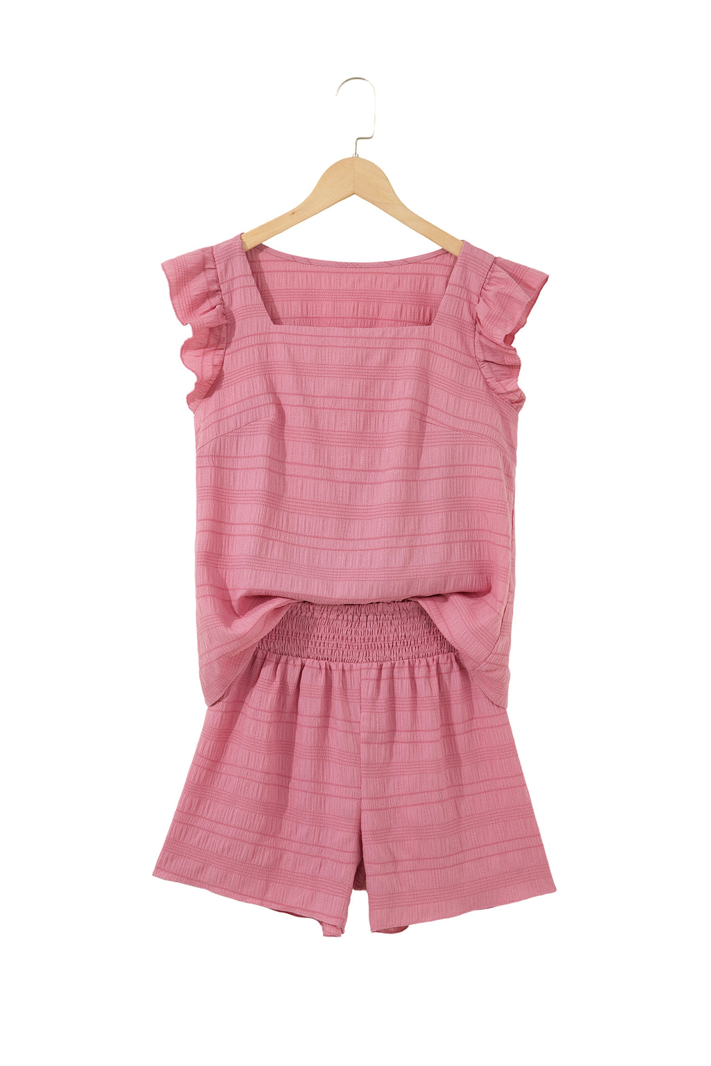 Peach Blossom Textured Square Neck Top & Shirred High Waist Shorts 2 pc Set