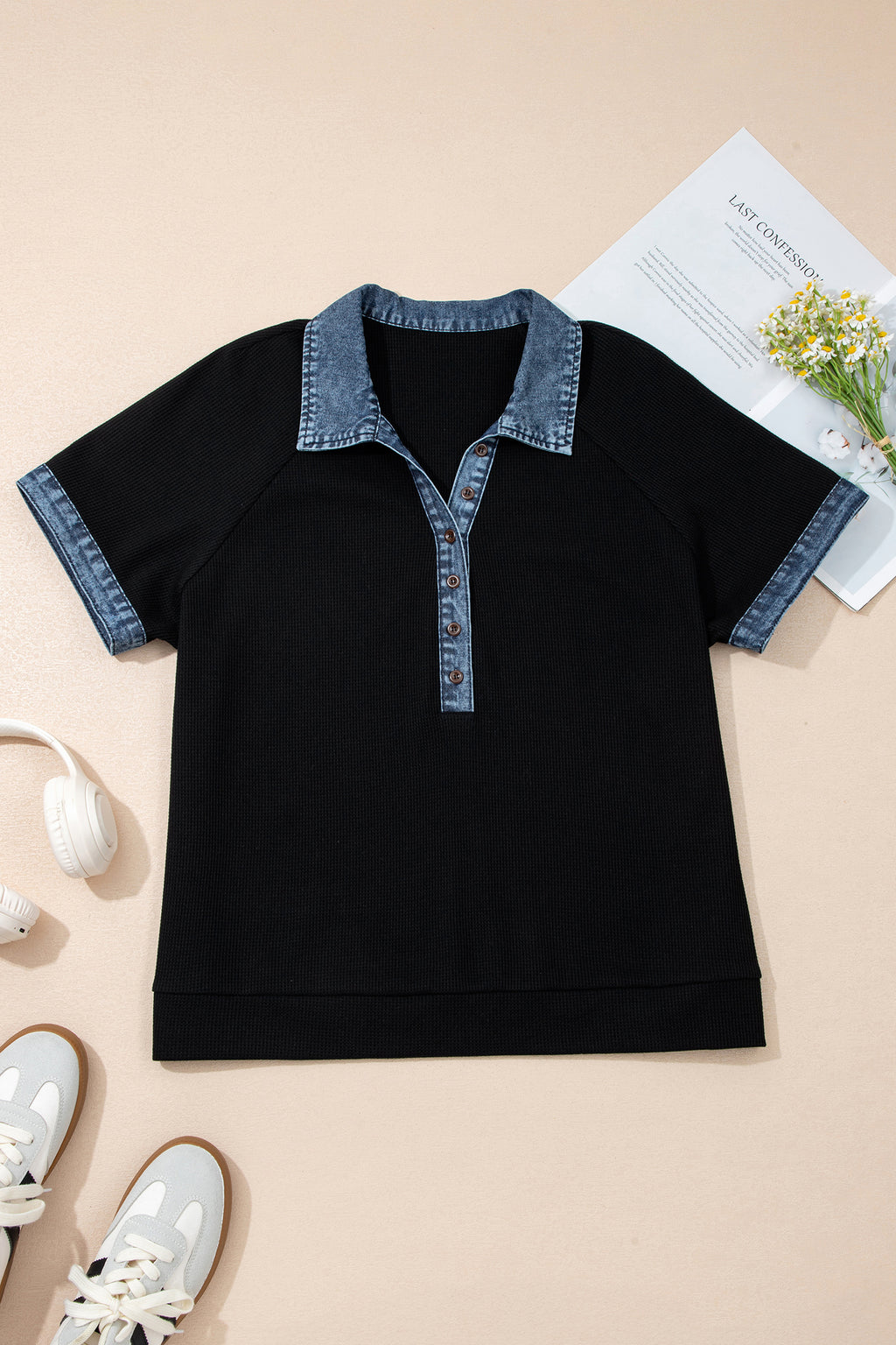 Plus Size Black & Denim Patchwork Button Polo Tee