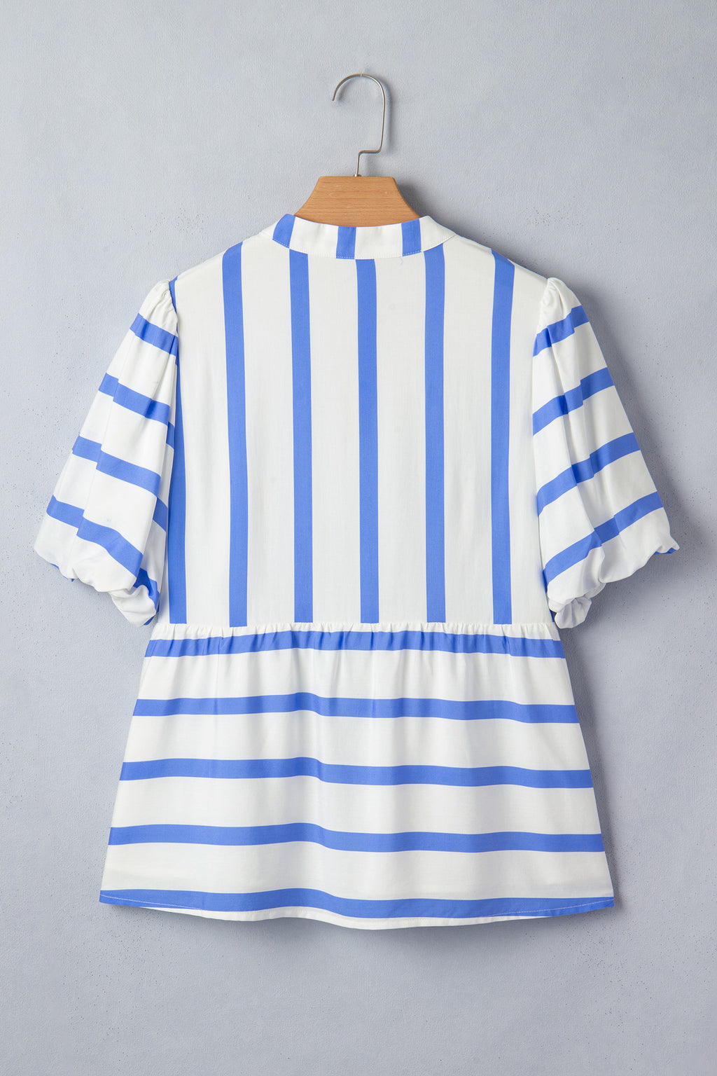 Sky Blue Stripe V-Neck Summer Blouse with Puff Sleeves