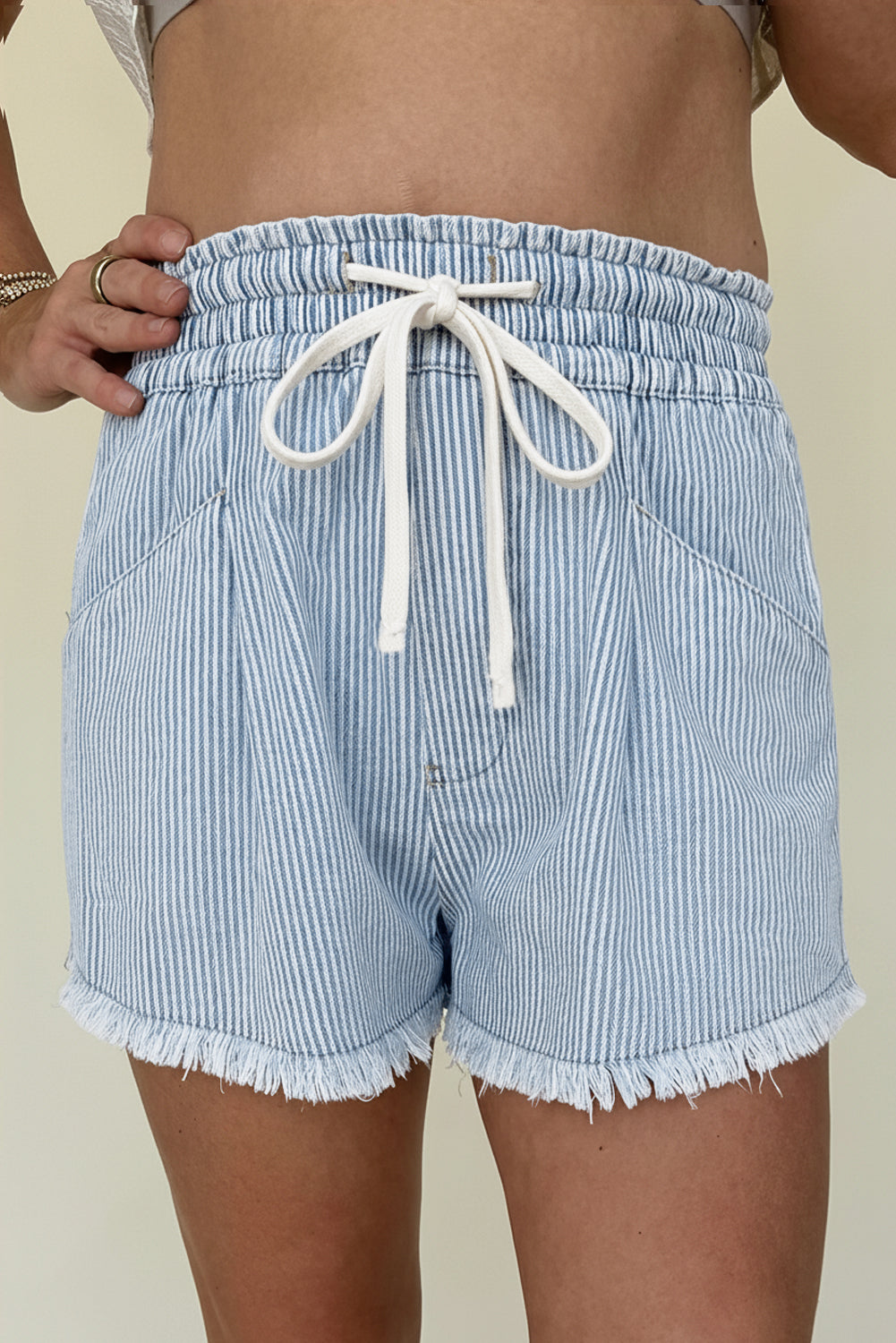 Sky Blue Stripe & Raw Edge Denim Shorts With Elastic Drawstring Waist