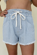 Sky Blue Stripe & Raw Edge Denim Shorts With Elastic Drawstring Waist