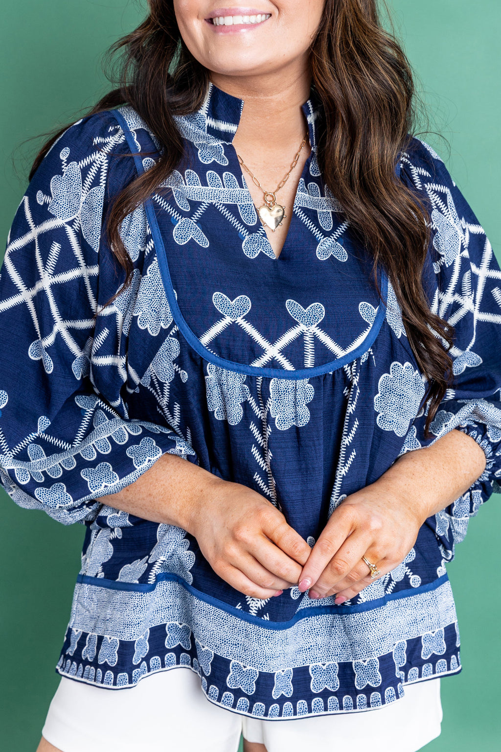 Plus Size Blue Notched Neck Floral Print Long Sleeve Blouse