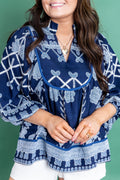 Plus Size Blue Notched Neck Floral Print Long Sleeve Blouse