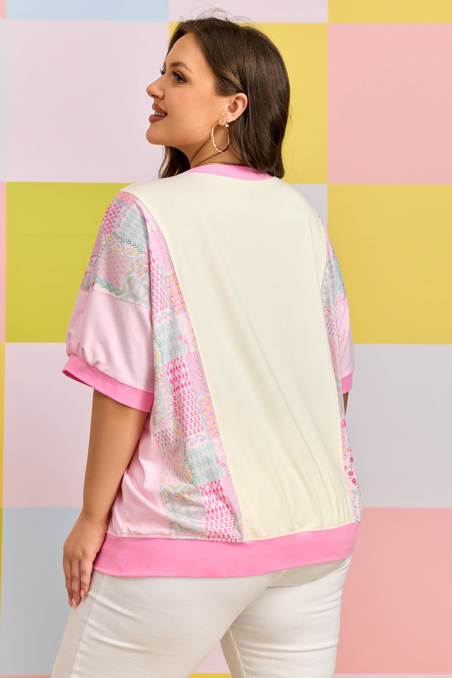 Plus Size Beige Short Sleeve Floral Patchwork Tee