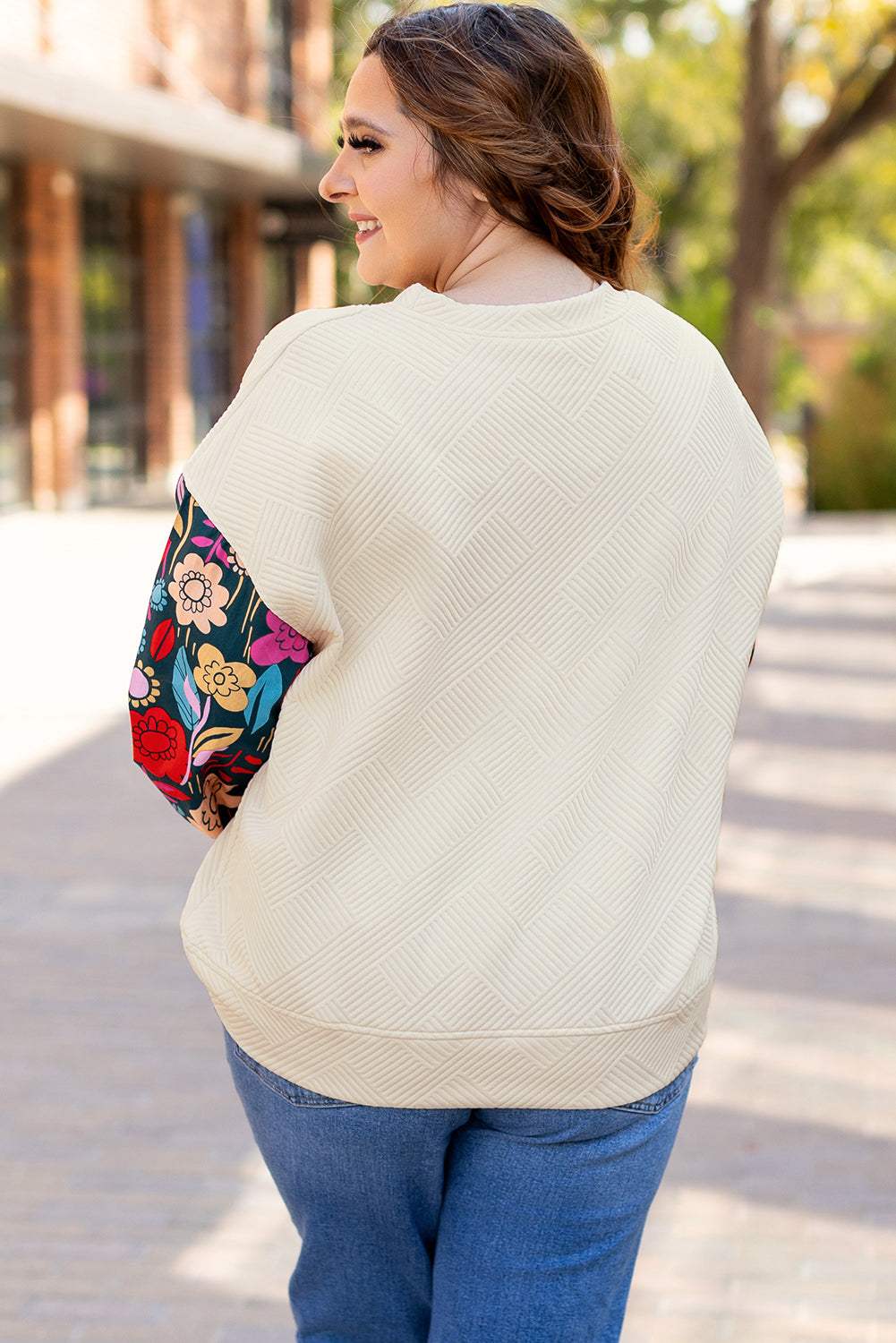 Plus Size White With Floral Patchwork Sleeves Pullover Top