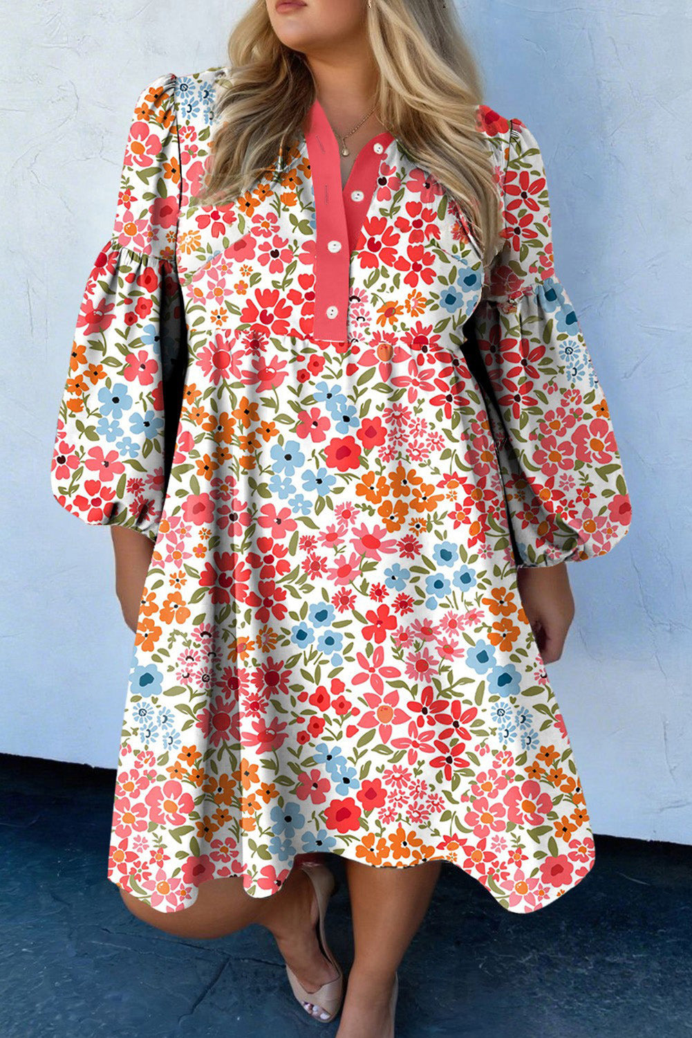 Plus Size Pink Button V-Neck Floral Print Puff Sleeve Loose Mini Dress