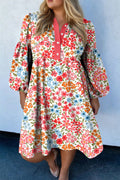 Plus Size Pink Button V-Neck Floral Print Puff Sleeve Loose Mini Dress