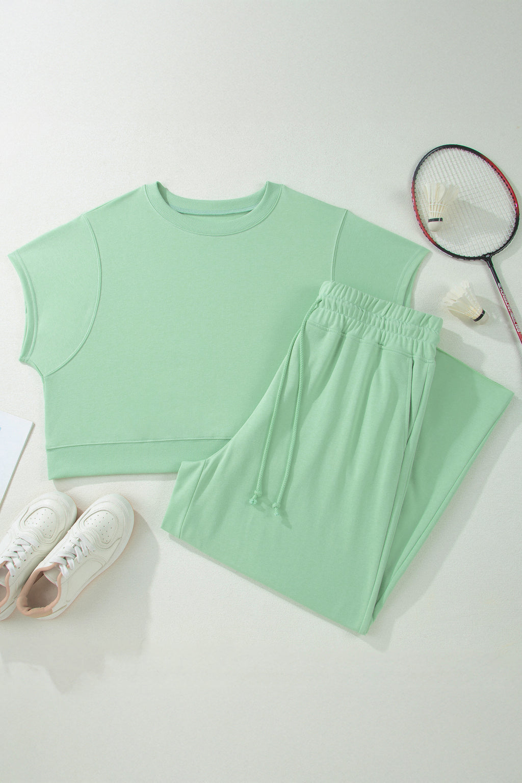 Plus Size Aqua Ribbed Trim Short Sleeve Top & Drawstring Loose Pants 2pcs Outfit