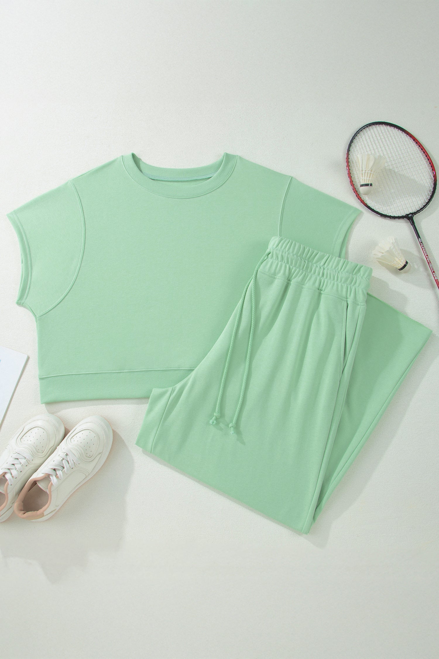 Plus Size Aqua Ribbed Trim Short Sleeve Top & Drawstring Loose Pants 2pcs Outfit