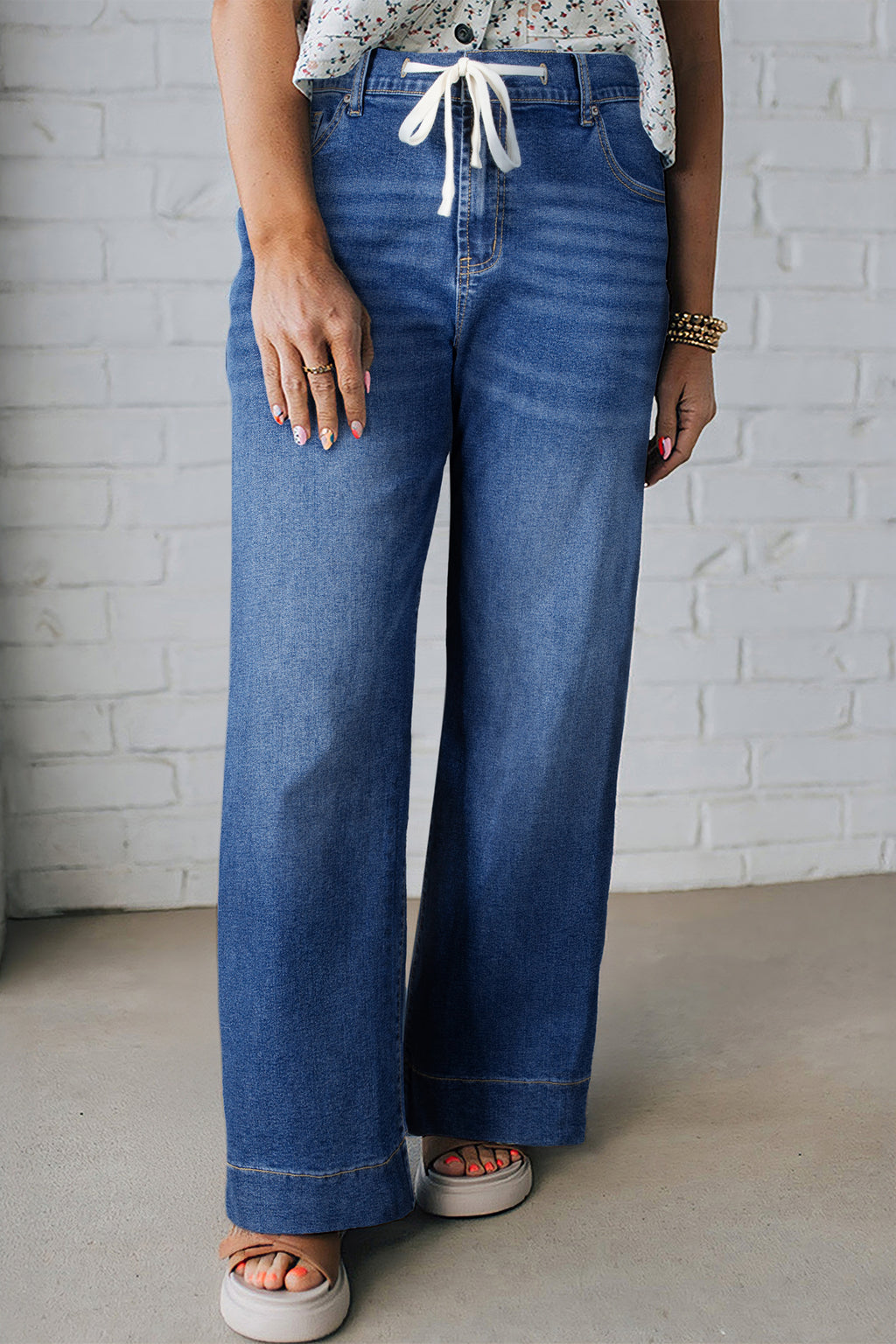 Plus Size Dark Blue Acid Wash Jeans With Drawstring