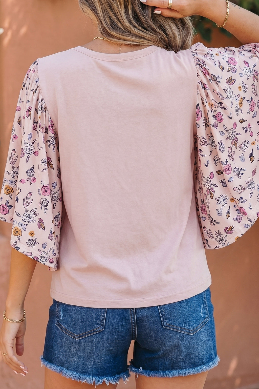 Flowy Pink Floral Patched Half Sleeve Blouse