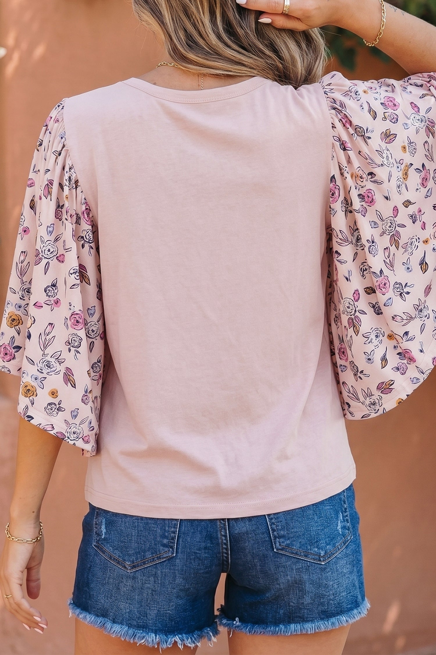 Flowy Pink Floral Patched Half Sleeve Blouse