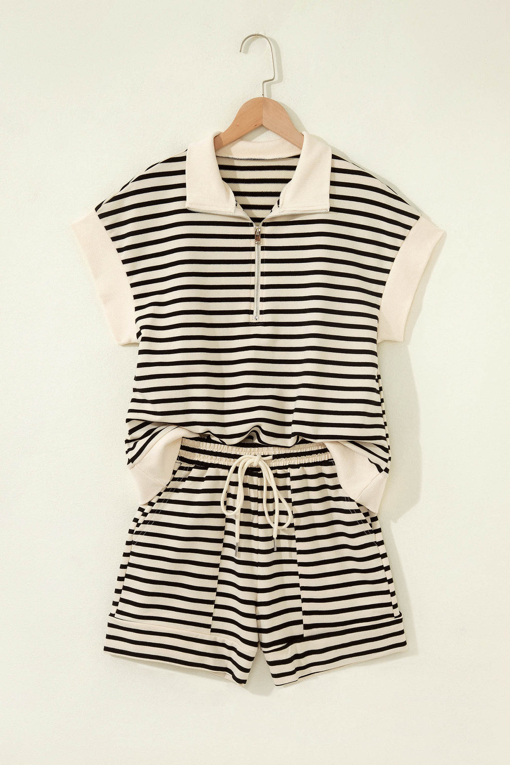 Black Stripe Ribbed With Color Block Trim Zip Polo Tee & Drawstring Shorts 2pcs Outfit