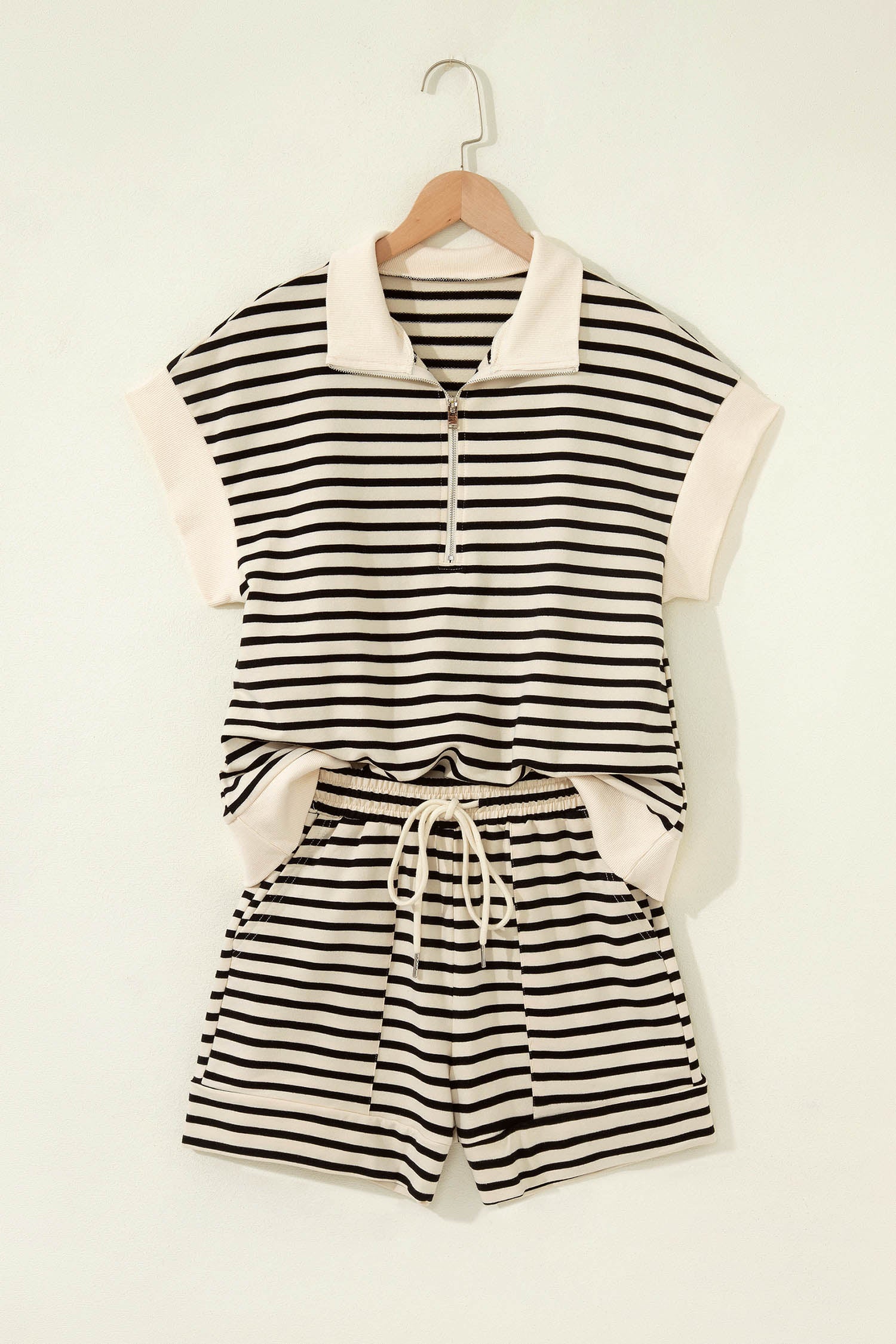 Black Stripe Ribbed With Color Block Trim Zip Polo Tee & Drawstring Shorts 2pcs Outfit