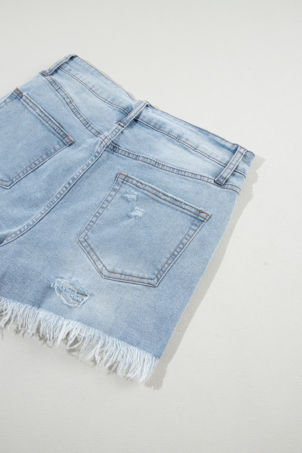 Light Blue High Waist Distressed Denim Shorts With Ripped Raw Hem