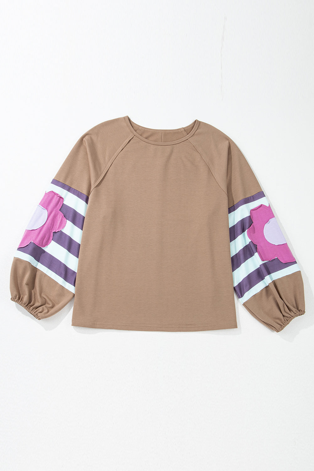 Plus Size Beige Flower Striped Patchwork & Puff Sleeve Loose Fit Sweatshirt