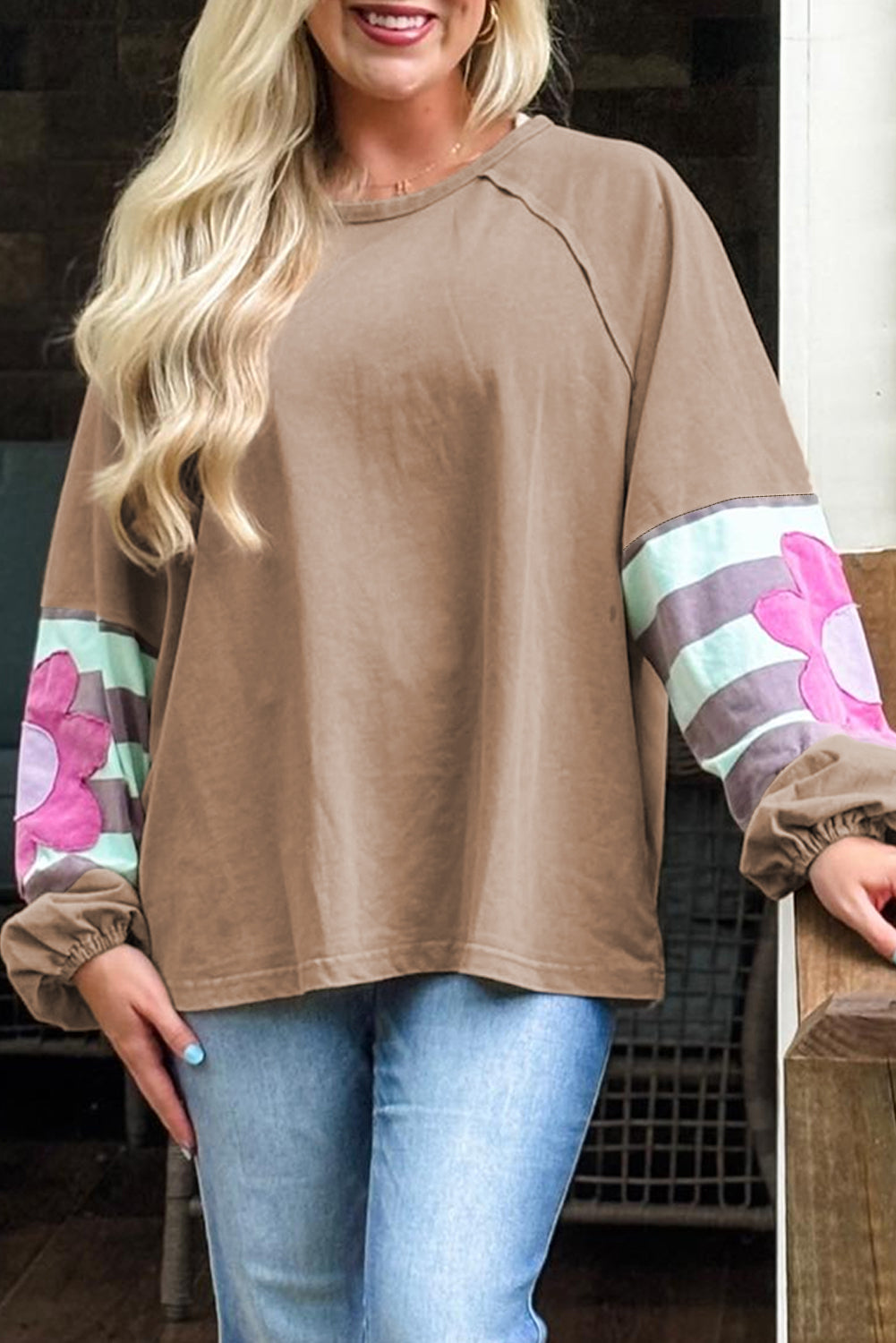 Plus Size Beige Flower Striped Patchwork & Puff Sleeve Loose Fit Sweatshirt