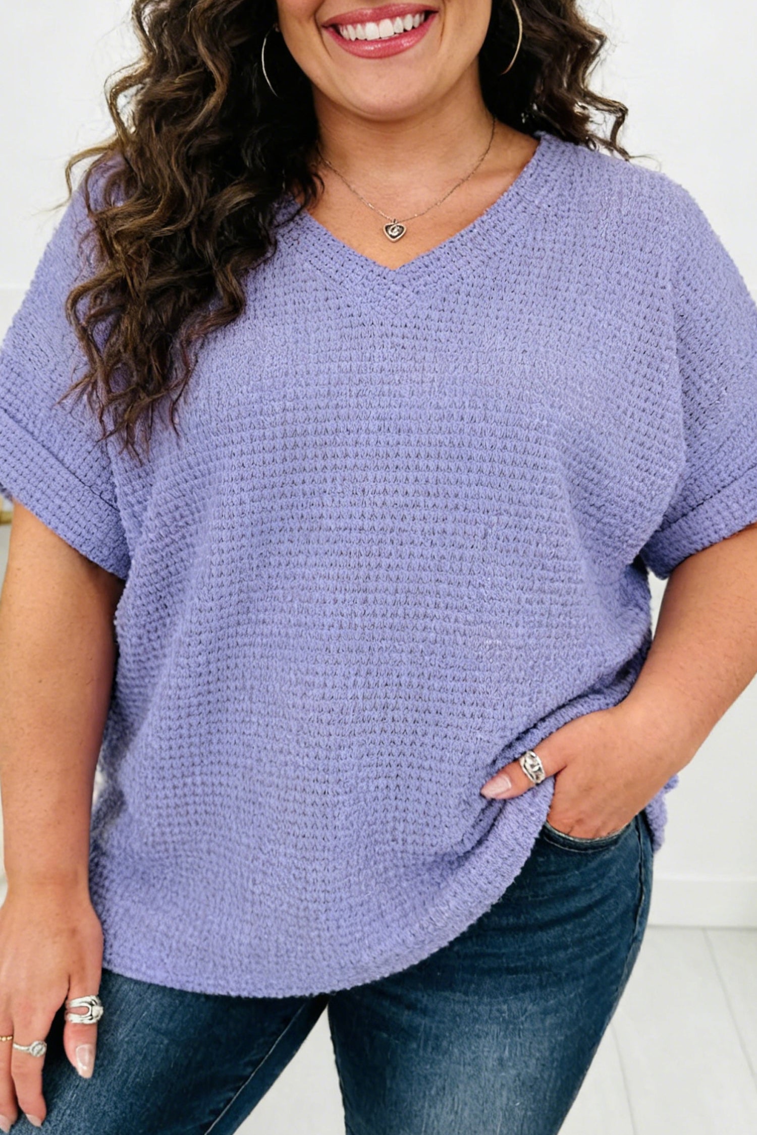 Plus Size Wisteria V-Neck Short Sleeve Waffle Knit Top