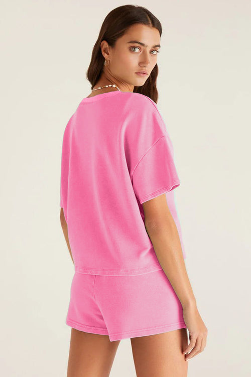 Bonbon V-Neck Drop Shoulder Tee & Patchwork Elastic Waistband Shorts With Drawstring 2pc Set