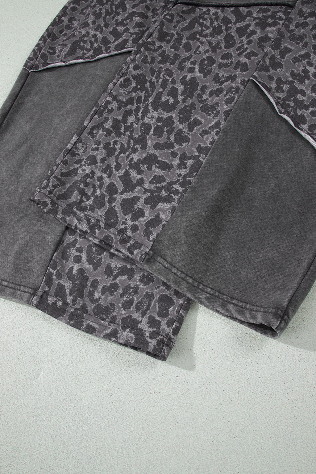 Plus Size Dark Grey Leopard Patchwork Wide Leg Mineral Wash Pants