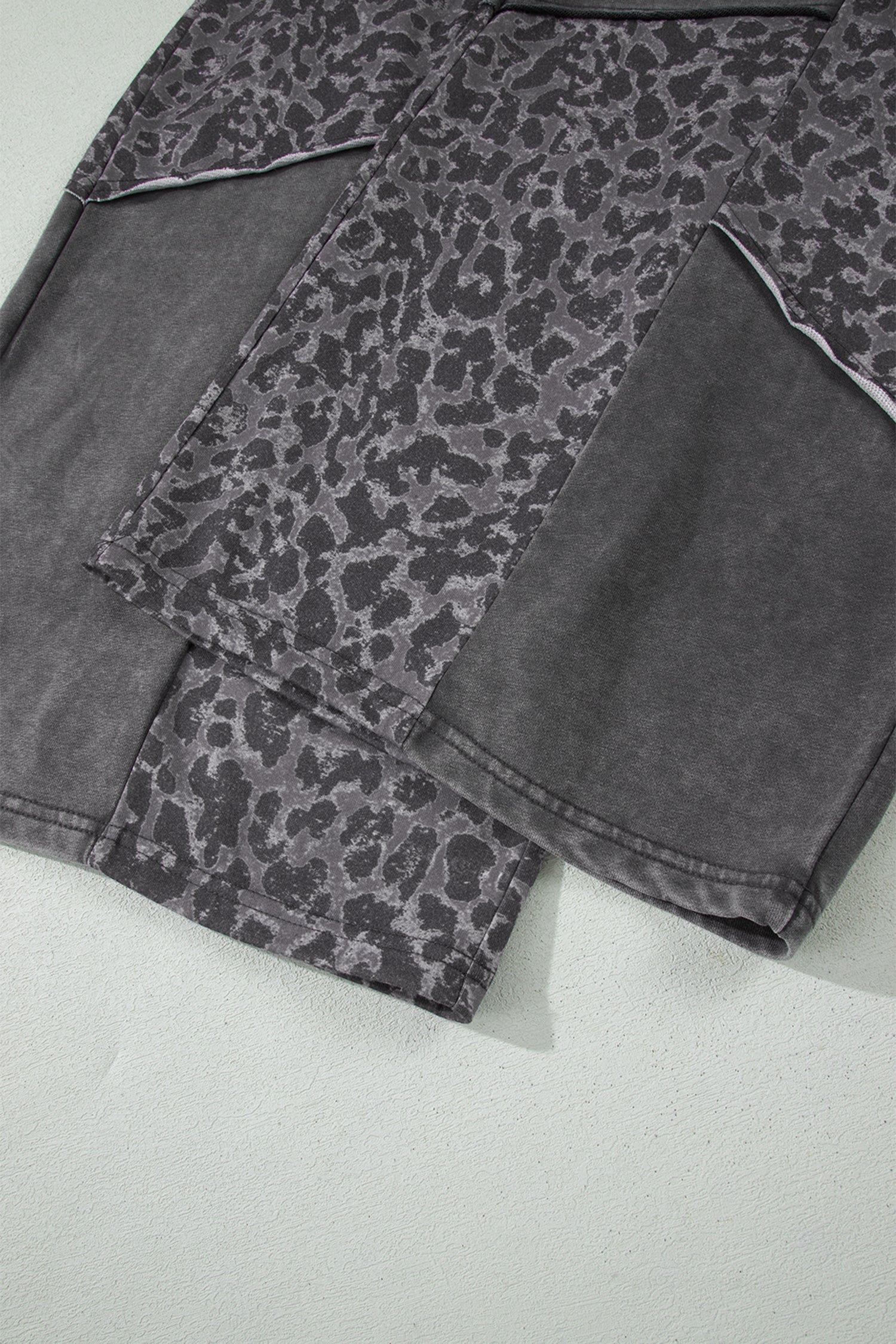 Plus Size Dark Grey Leopard Patchwork Wide Leg Mineral Wash Pants