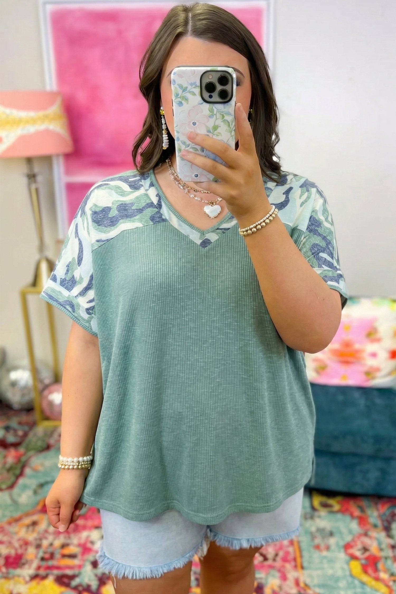 Plus Size Mist Green Ribbed With Camouflage Patchwork V-Neck Tee