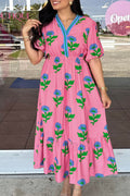 Plus Size Pink Floral V-Neck Ruffled Maxi Dress