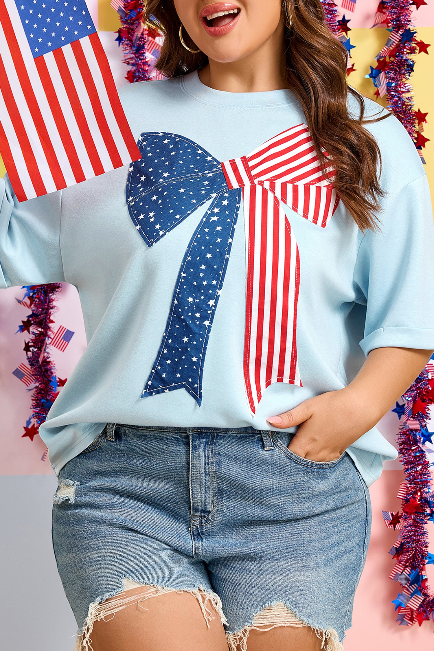 Plus Size Blue Patriotic Patchwork Bow Graphic Tee