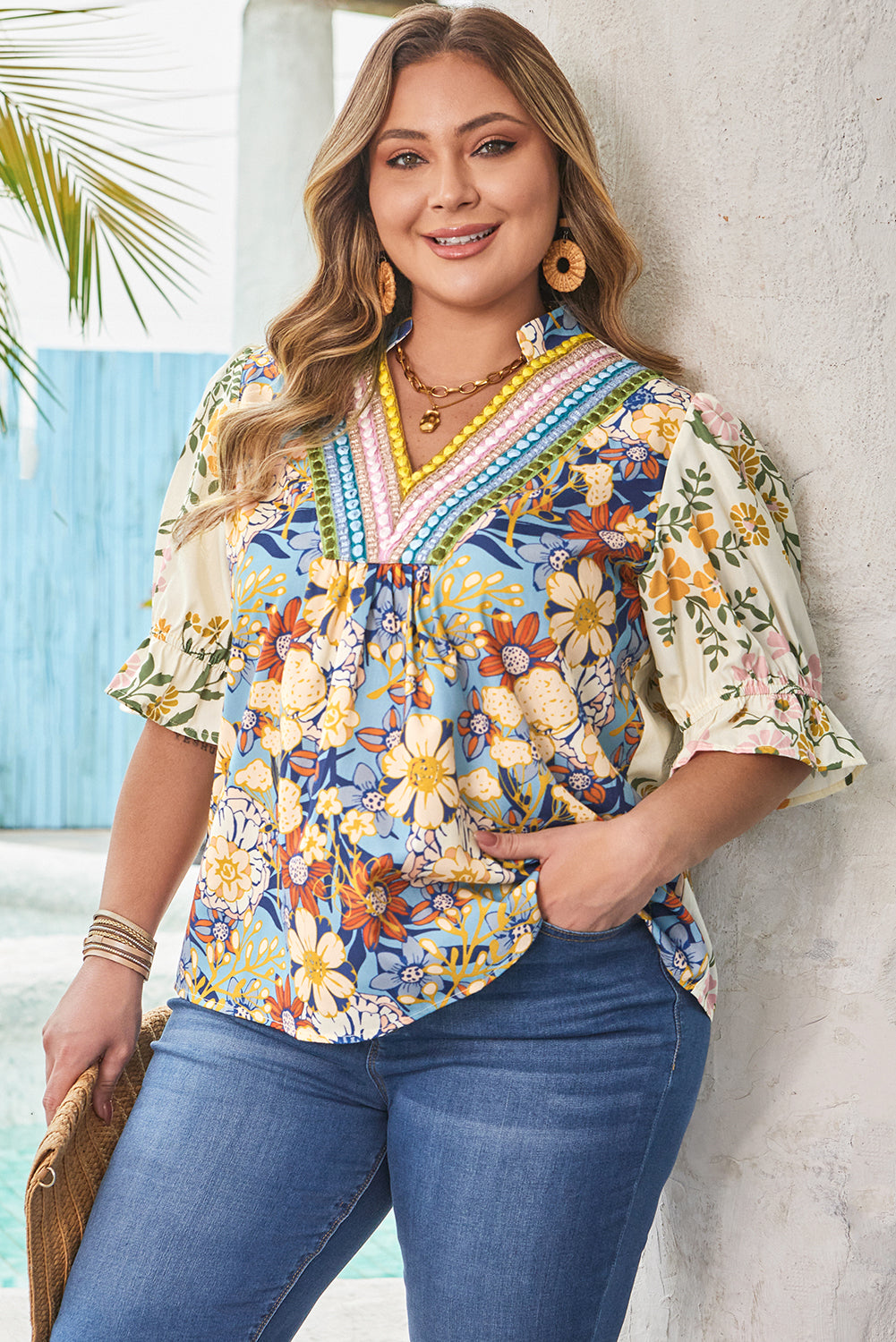 Plus Size Multicolor Floral Print Woven V-Neck Blouse With Half Sleeve