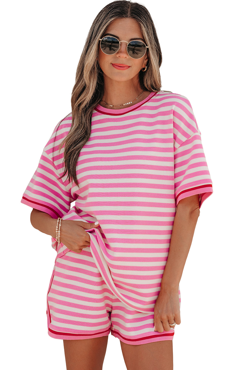 Pink Stripe Short Sleeve Top & Loose Shorts 2pcs Casual Outfit