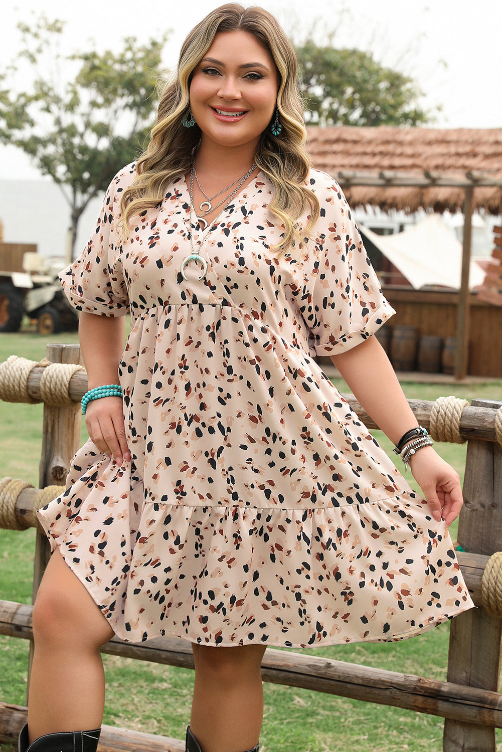 Plus Size Printed Surplice V-Neck Dress With Cuffed Sleeves & Empire Waist