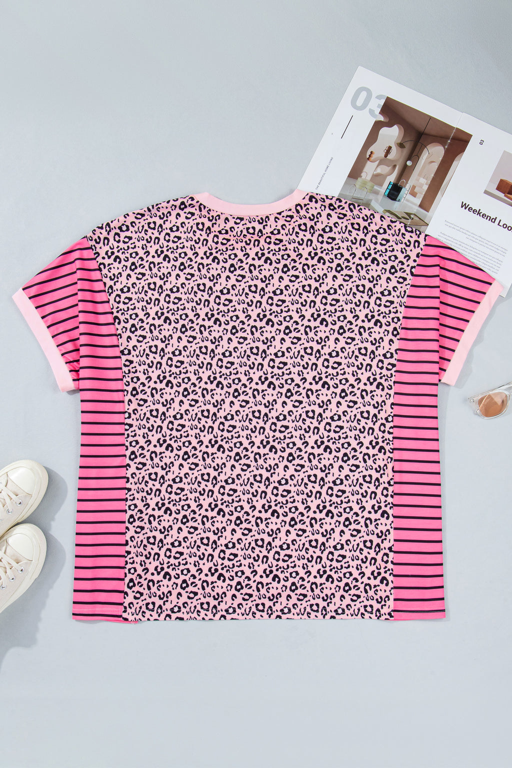 Plus Size Pink Leopard Print & Striped Contrast Patchwork Tee