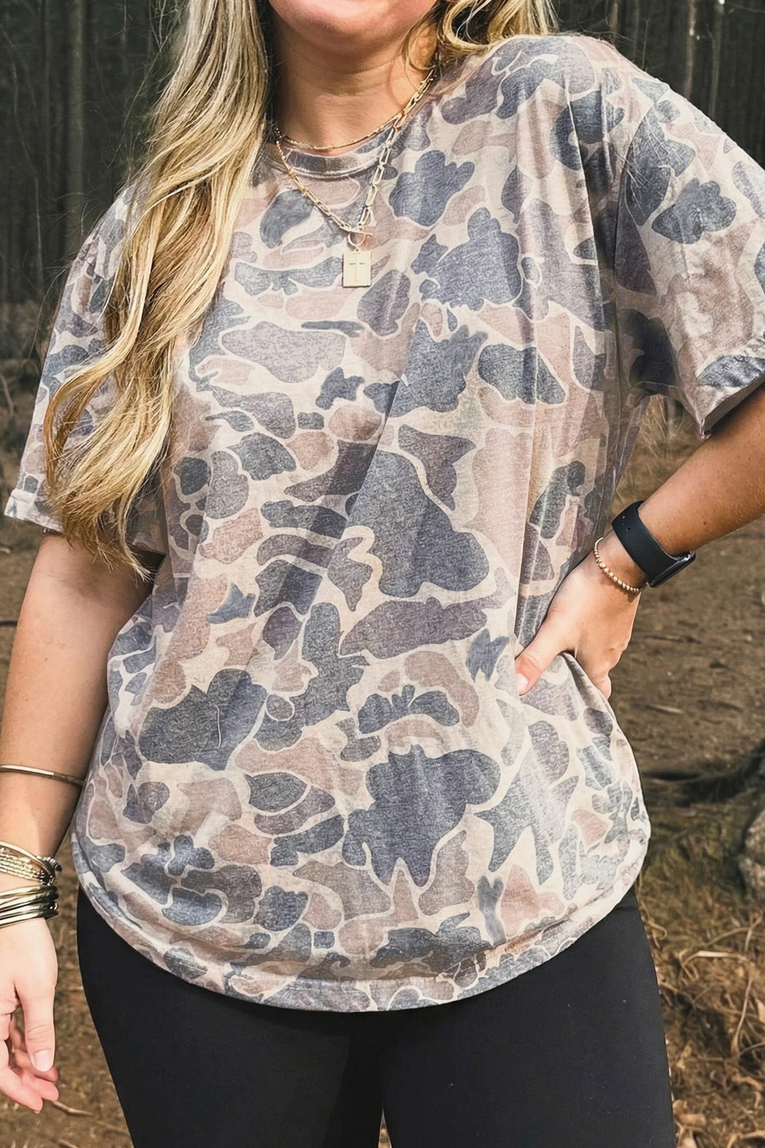 Plus Size Multicolor Camouflage Print Retro Tee