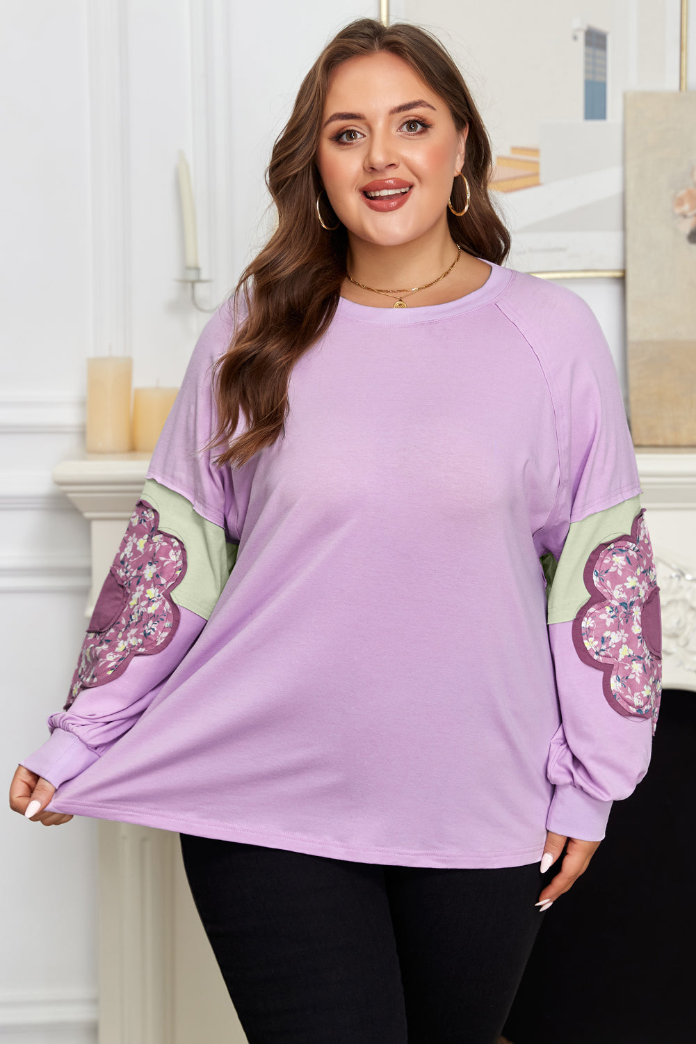 Plus Size Purple Flower Patch Colorblock Pullover Top