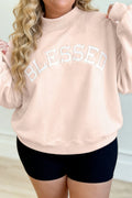 Plus Size Light Pink Mock Neck Sweatshirt With Embroidered BLESSED Graphic