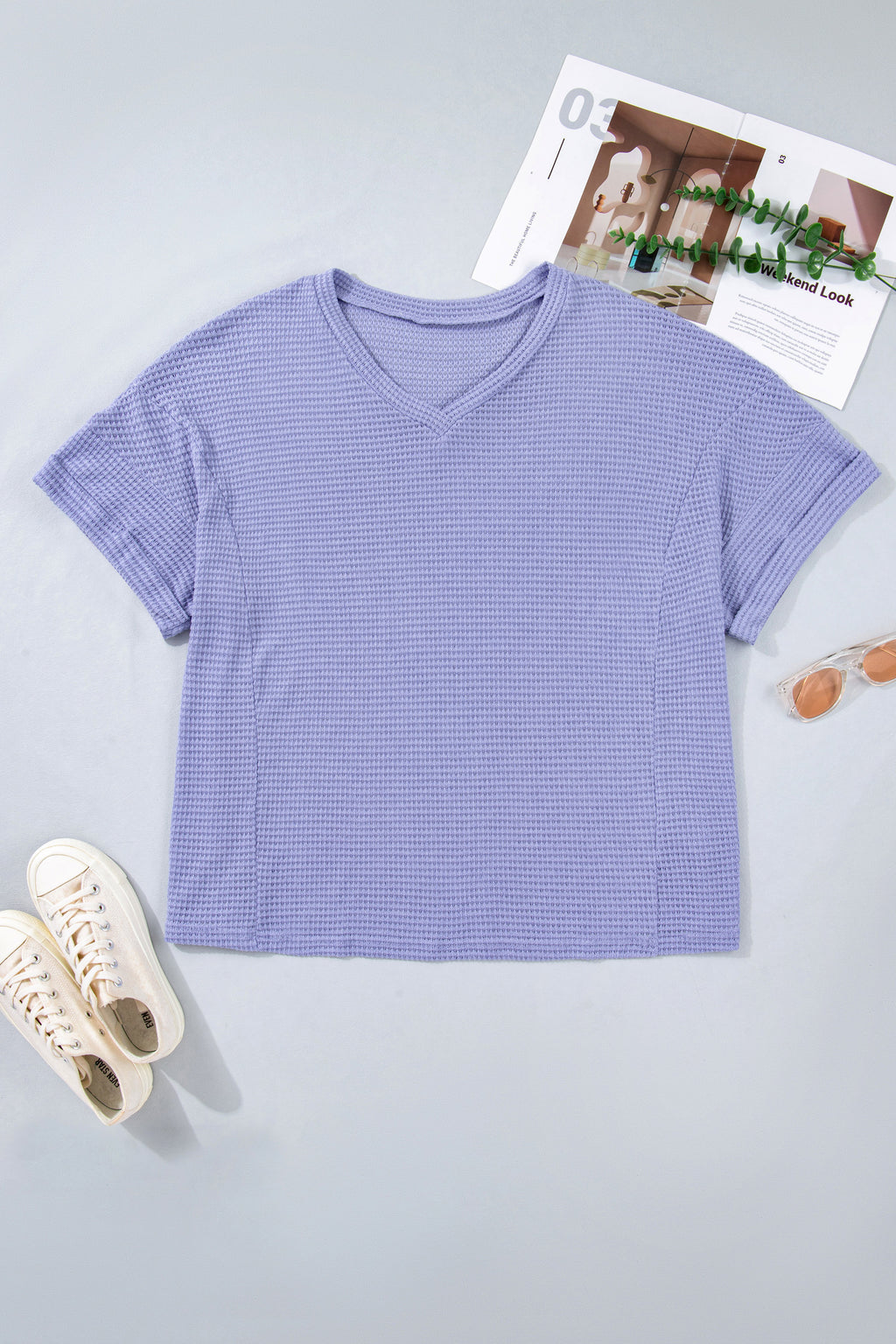 Plus Size Wisteria V-Neck Short Sleeve Waffle Knit Top