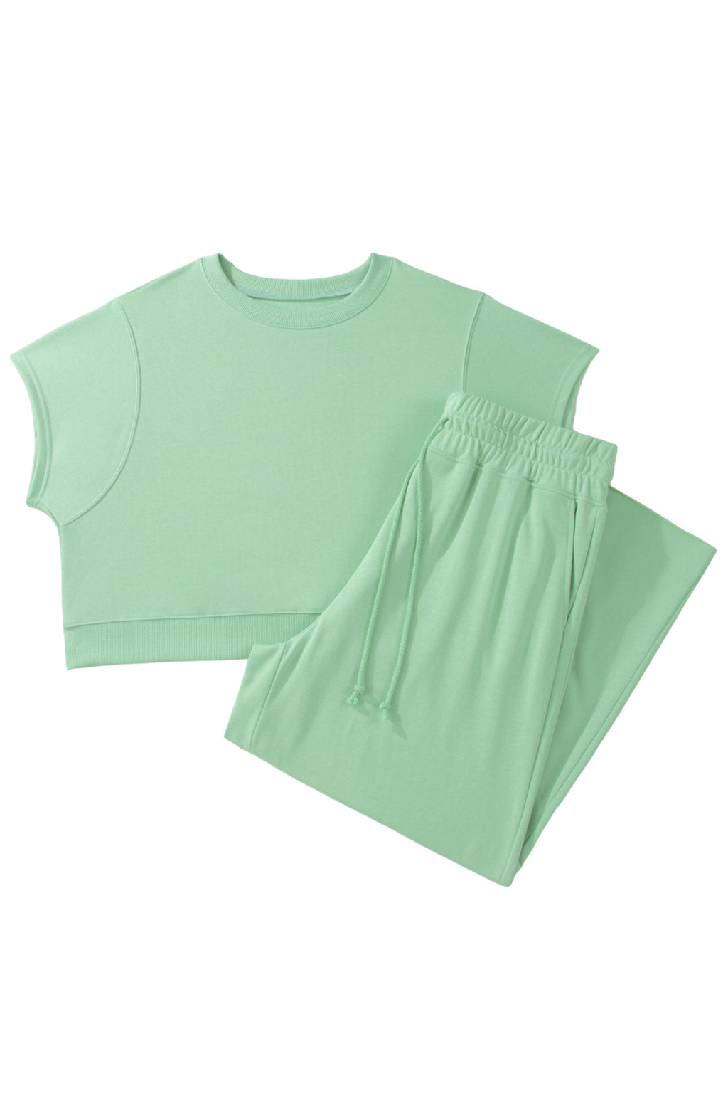Plus Size Aqua Ribbed Trim Short Sleeve Top & Drawstring Loose Pants 2pcs Outfit