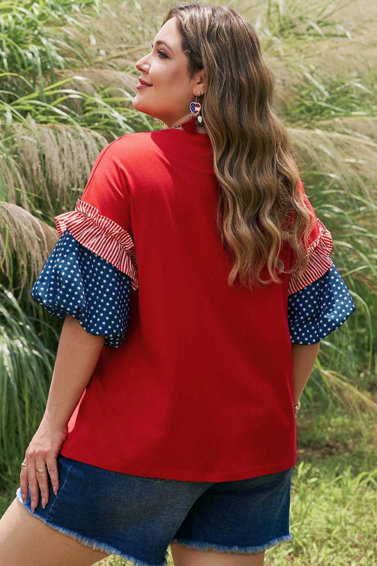 Plus Size Fiery Red Striped Ruffles Star Short Bubble Sleeve Patchwork Top