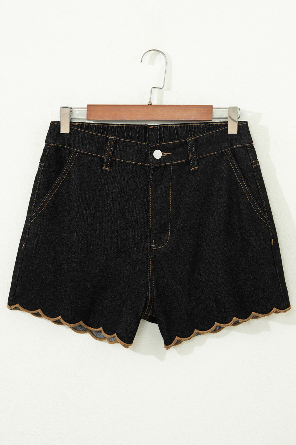 Black Relaxed Denim Shorts With Embroidered & Scalloped Trim