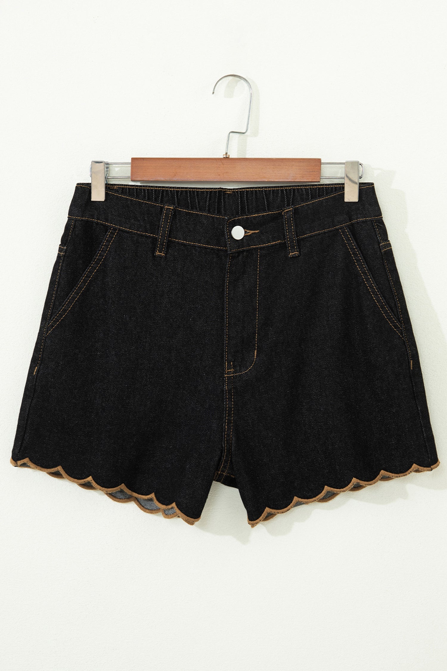 Black Relaxed Denim Shorts With Embroidered & Scalloped Trim