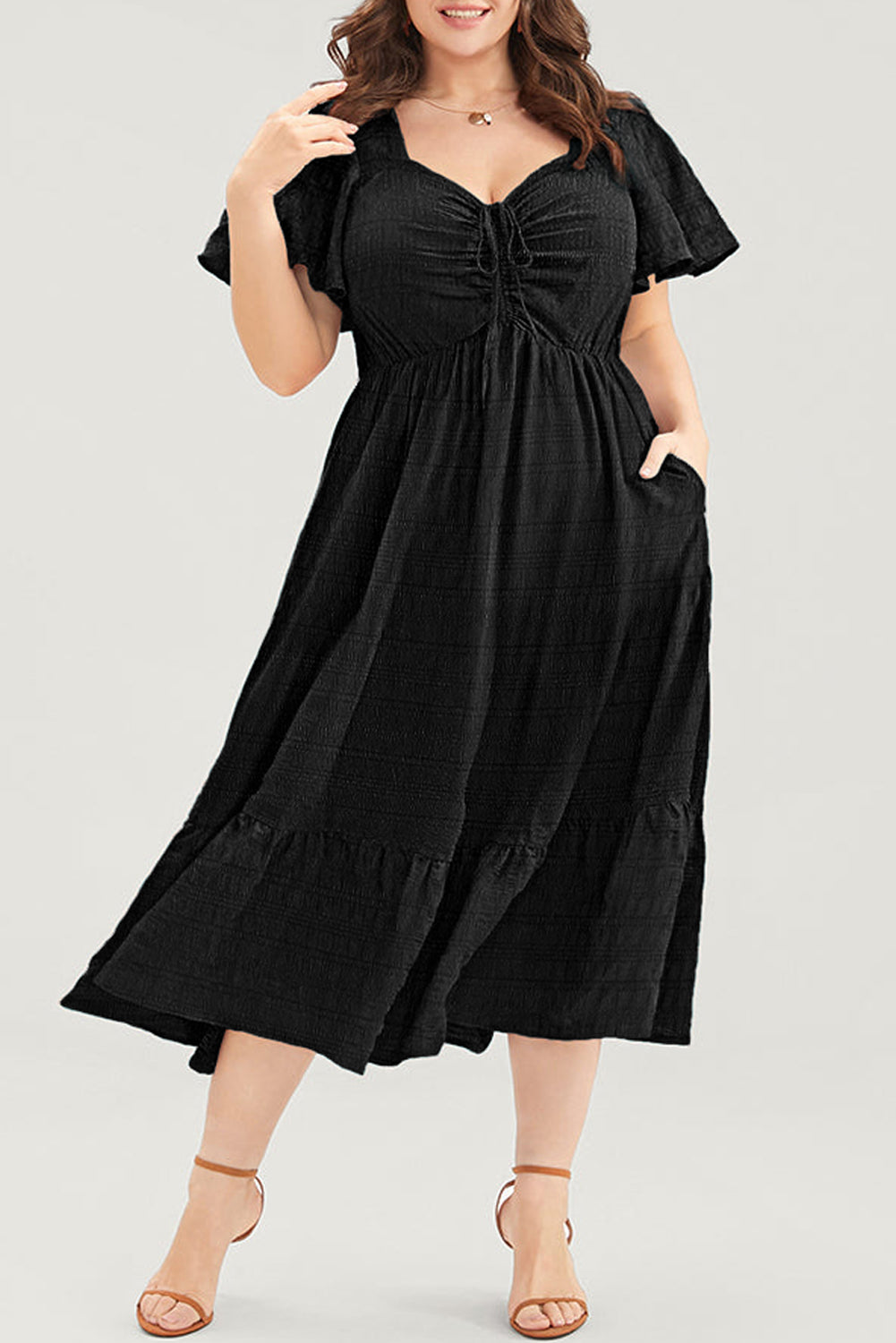 Plus Size Black Short Sleeve Lace-up High Waist Midi Dress